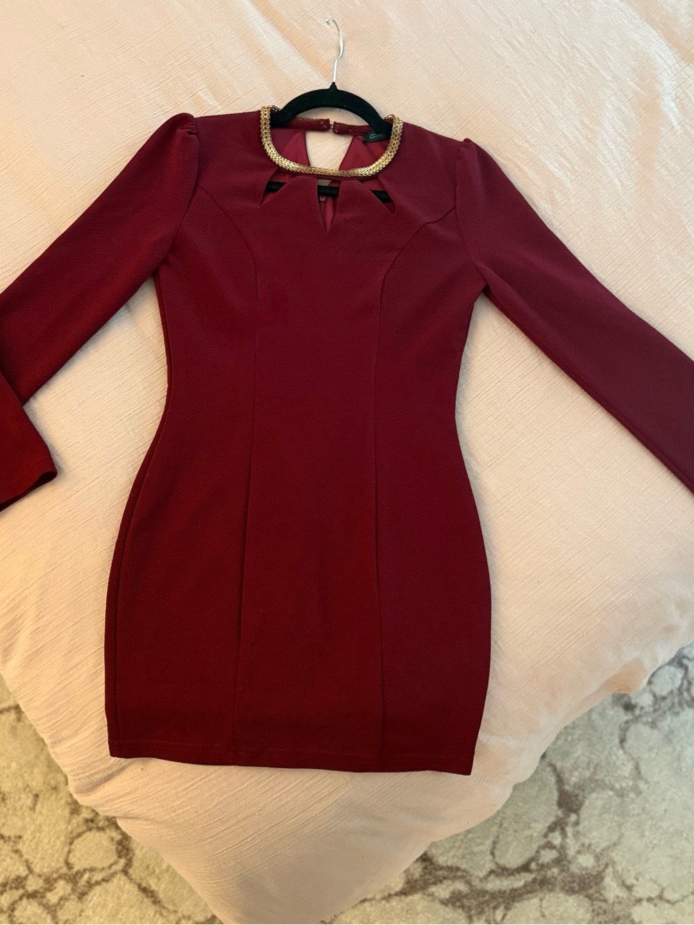Burgundy Long-Sleeve Cocktail Dress with Gold Embellished Neckline